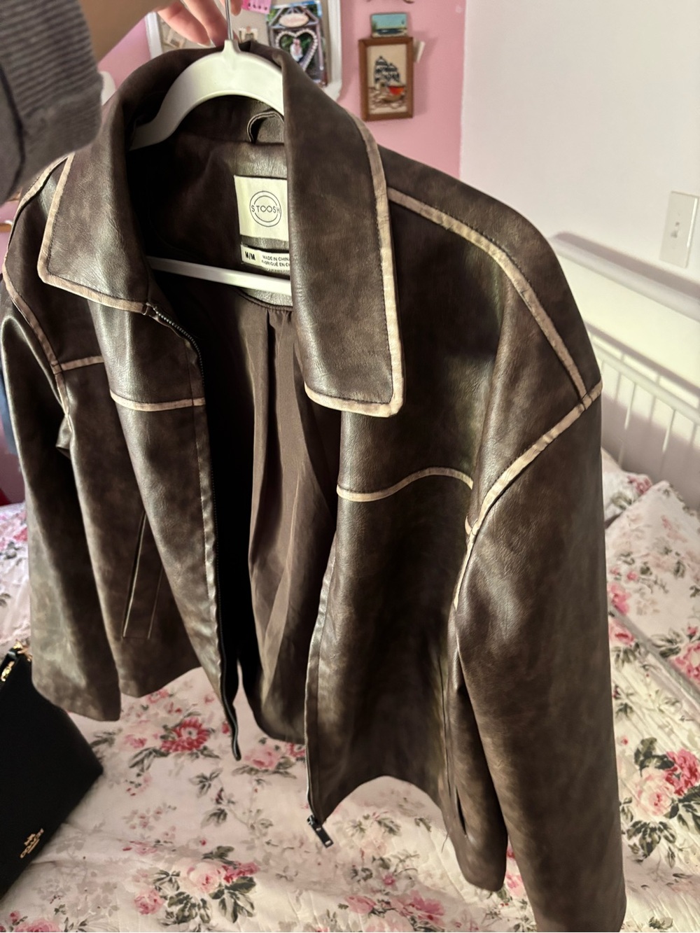 Stoosh Dark Brown Faux-Leather Jacket with Light Trim